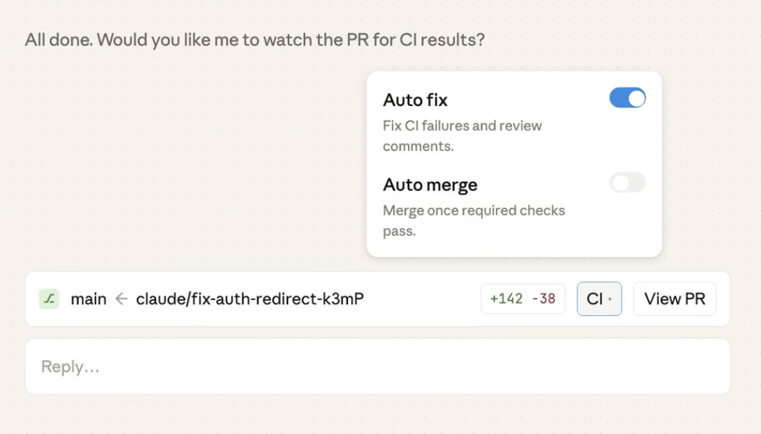 Claude Code Auto-fix tlačítko pro automatické CI opravy v pull request rozhraní